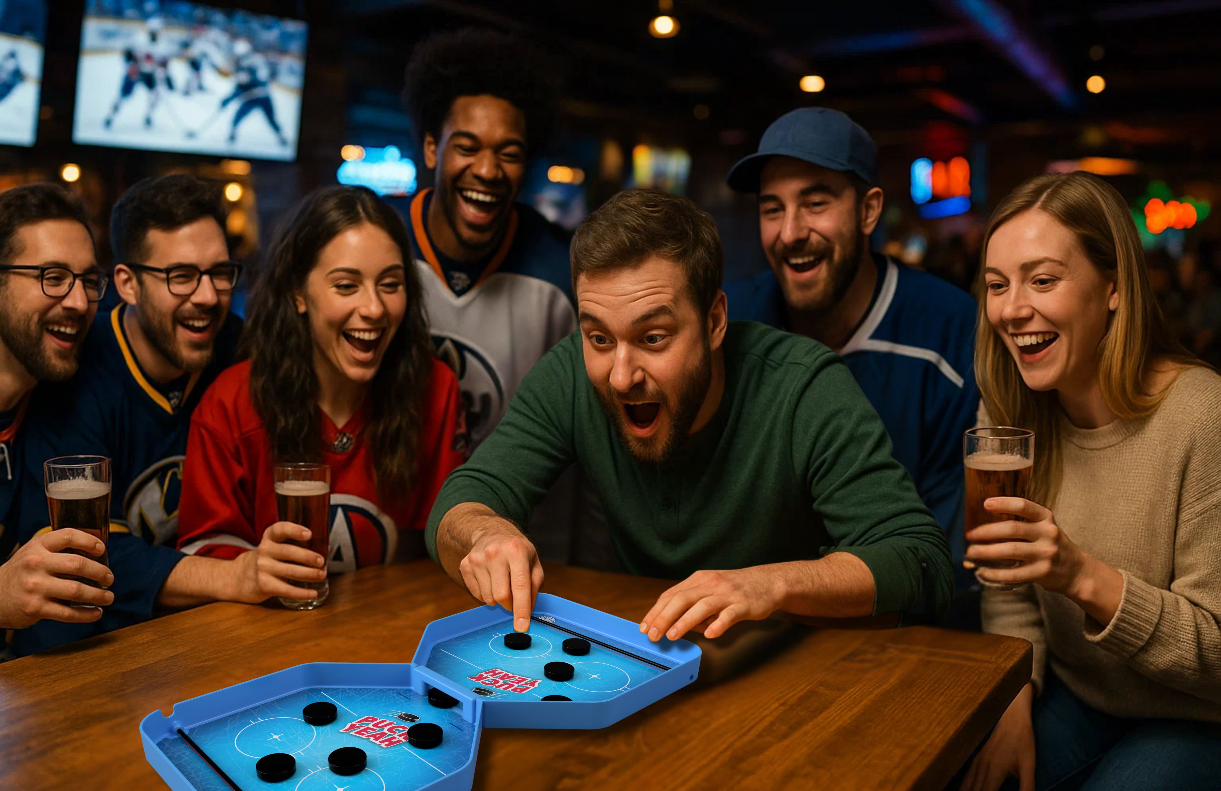 Players enjoying Puck Yeah at a sports bar